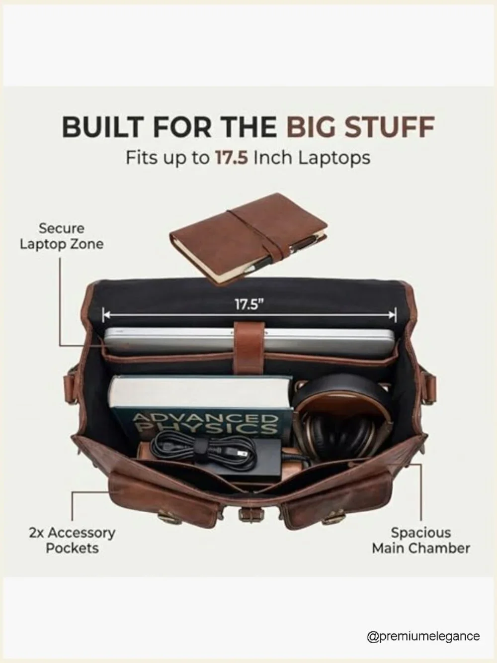 Handmade Full Grain Leather Laptop Messenger Bag, 18 inch Crossbody, Briefcase